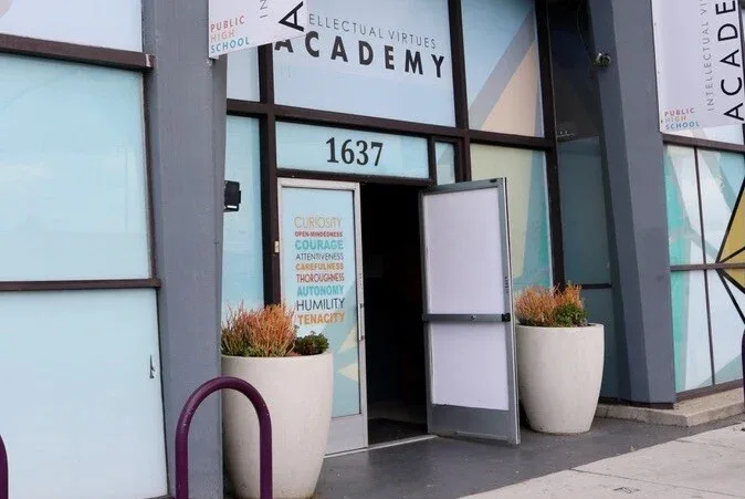 Front door of IVA High in Long Beach, California